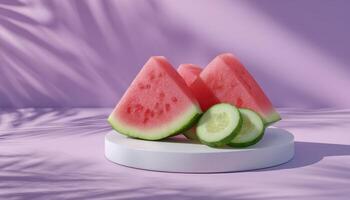 Summer refreshment watermelon and cucumber slices on white plate soft pastel background aesthetic food photography photo