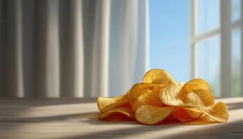 Elegant scattering of crispy golden potato chips on light surface cozy indoor setting photo