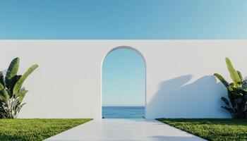 Luxury hotel terrace with concrete floor and white wall coastal view serene environment photo