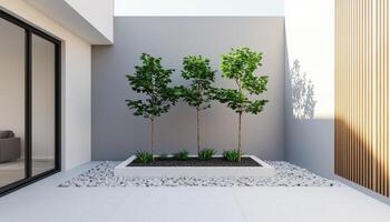 Minimal loft style white stone garden with house room contemporary design tranquil environment photo