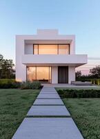 Modern minimalist home exterior clean green lawn architecture outdoor front view contemporary design photo