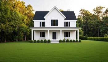 Modern minimalist white house exterior clean green lawn residential architecture tranquil environment photo