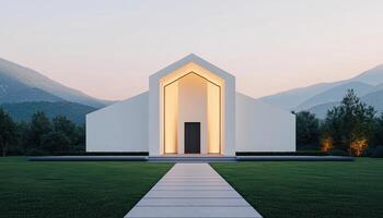 Minimalist white house exterior with clean green lawn in serene mountain setting photo