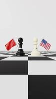 Vertical Animation of Chess Pieces Facing Each Other with United States and China Flags on a Chessboard with White Background video