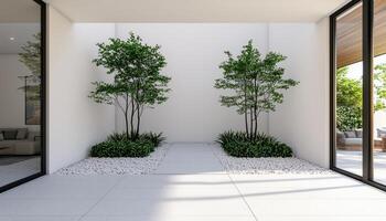 Minimal loft style white stone garden with house room modern interior tranquil environment aesthetic view photo