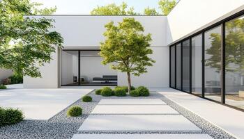 Modern minimalist garden design residential home outdoor space serene environment wide angle tranquility concepts photo