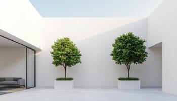 Modern minimalist white stone garden with house room interior design calm environment contemporary view photo