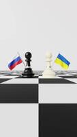 Vertical Animation of Chess Pieces Facing Each Other with Russia and Ukraine Flags on a Chessboard with White Background video