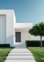 Modern minimalist white house exterior with green lawn urban setting architectural photography daylight contemporary design photo