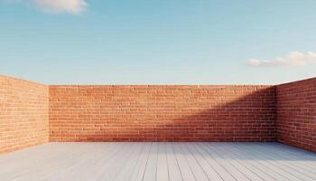 Serene empty wood terrace surrounded by vintage brick buildings urban landscape tranquil environment photo