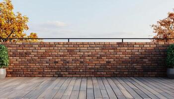 Wood terrace overlooking old brick building urban environment architectural photography photo