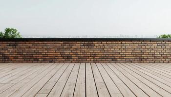 Scenic empty wood terrace between vintage brick buildings urban landscape photography daylight view photo