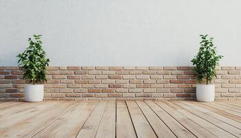 Charming empty wood terrace old brick building interior space bright environment wide angle minimalist design photo