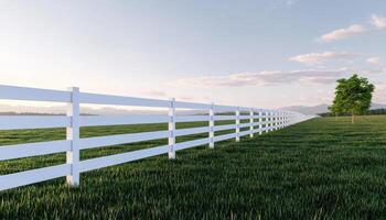 Tranquil green lawn with white fence open field nature scene daylight serene landscape photo