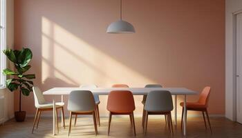 Modern dining space with white table and colorful chairs minimalist interior warm lighting clean design photo