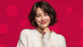 Casual asian woman posing stylishly in cozy sweater studio environment portrait photography photo