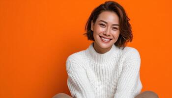 Casual pose of a fabulous asian woman in a chic sweater studio portrait warm orange background photo