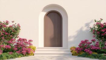 Charming vintage style arched entrance surrounded by blooming flower garden outdoor low angle tranquil aesthetics photo