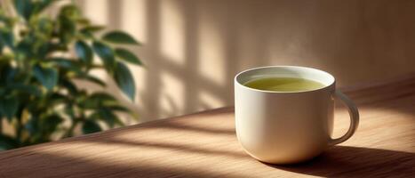 Savoring green tea in a pristine white ceramic cup home kitchen beverage photography natural light serene concept photo