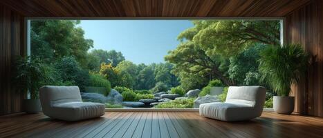 Modern loft design inspired by nature with scenic view tranquil environment indoor space photo