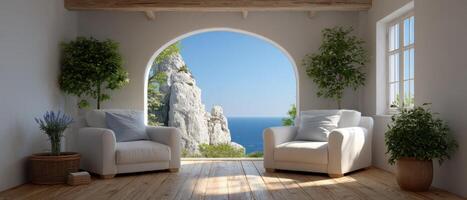 Tranquil coastal living room design serene ocean view modern classic decor bright and airy environment photo