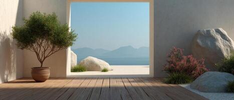 Serene outdoor space with elegant wooden structure coastal view tranquil environment minimalist design photo