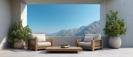 chic minimalist terrace design showcasing scenic mountain view contemporary living space serene environment photo
