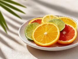 Freshly sliced citrus fruits displayed in circular pattern on plate bright kitchen environment food photography photo