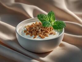 Minimalist breakfast yogurt with granola indoor setting food photography elegant and simple design photo
