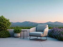 Elegant minimalist garden terrace with comfortable seating scenic mountains outdoor space tranquil atmosphere photo