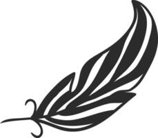 Minimalist illustration of a large stylized feather with thick black lines, isolated on a white background, pointing diagonally up and right vector