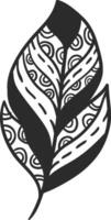 Black and white zenart illustration representing a feather with decorative patterns, creating a stylized leaf shape, ideal for nature inspired designs vector