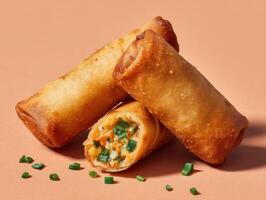 Isolated fried spring roll overhead shot neutral background food photography culinary art gourmet concept photo