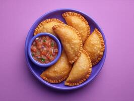 Mini fried empanadas with salsa bright purple background food photography creative flat lay culinary art photo