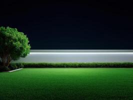 Serene night garden scene with lush greenery modern landscape minimalist design tranquil atmosphere photo