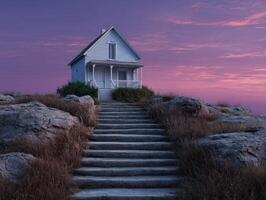 Serene sunset view of a charming house on rocky steps coastal landscape peaceful environment outdoor setting photo