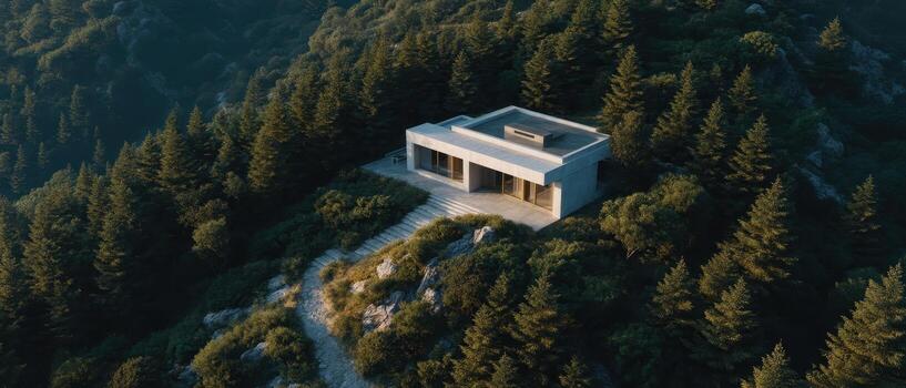 Aerial view of a minimalist modern house in nature architecture photography scenic environment photo