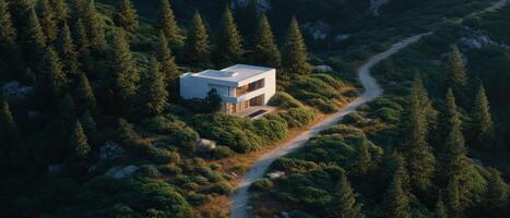 Modern minimalist house surrounded by nature aerial view scenic landscape tranquil environment photo