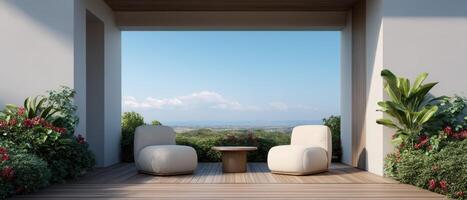 Relaxing outdoor seating area in a contemporary minimalist home with scenic view photo