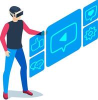 Man wearing virtual reality headset interacting with social media icons like play button, thumbs up, heart, chat and settings, representing social media marketing in metaverse vector