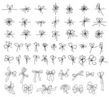 Hand drawn ribbons and bows in various styles. Bow and ribbon in thin line style. For decorative tying styles, holiday wrapping or textile design. Monochrome set illustration vector