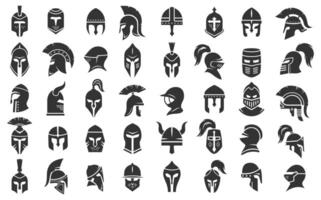 Warrior helmet silhouettes from different historical eras. set of stylized helmets representing historical warriors such as Spartans, knights and Vikings for medieval themed game graphics vector