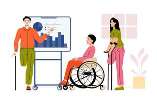 People with disabilities at work meeting. Manager illustrating data on whiteboard. Accessible support tools. Empowerment and collaboration theme in team presentation. Flat illustration vector