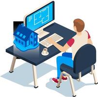 Architect working on a computer with architectural software projecting a 3d model of a house, isometric view of a workspace with desktop computer, keyboard, mouse and coffee cup vector