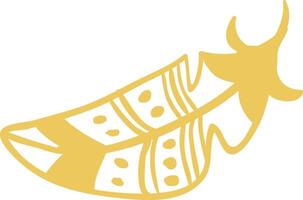 Stylized, hand drawn golden feather featuring a decorative pattern, symbolizing freedom, spirituality, and connection to nature, perfect for bohemian or ethnic designs vector