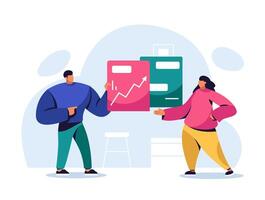Man and woman discussing upward graph chart, presenting data reports and business growth progress in workspace. Two business colleagues discussing positive financial results. illustration vector