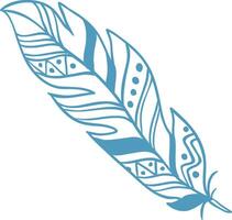 Light blue single feather with ethnic decorations, lines, dots and triangles, isolated on white background represents freedom, lightness, and traditional art vector
