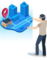 Man wearing a virtual reality headset interacts with a holographic 3D map displaying location pins, buildings, streets, and bus stops, illustrating augmented reality and smart city navigation vector