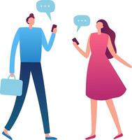 Businessman with briefcase and businesswoman holding smartphones and chatting, speech bubbles rising above them, representing communication and mobile technology in business context vector