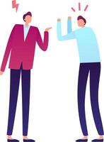 Two businessmen are having a heated argument, with one gesturing angrily and the other raising their arms in frustration, symbolizing conflict and disagreement in a professional setting vector